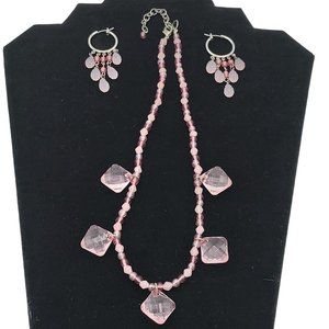 Necklace Earrings Set Rhinestone Acrylic Beads Chandelier Dangle 2" Pink 16"